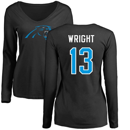 Carolina Panthers Black Women Jarius Wright Name and Number Logo Slim Fit NFL Football #13 Long Sleeve T Shirt